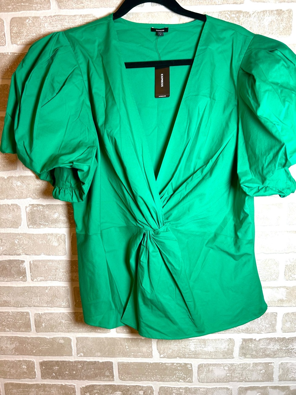 Express Emerald Green Twist-Front Puff Sleeve Blouse